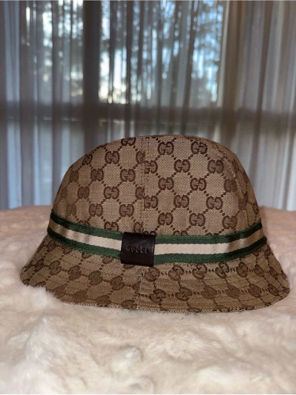 Gucci Monogram Bucket Hat with Green Web Stripe